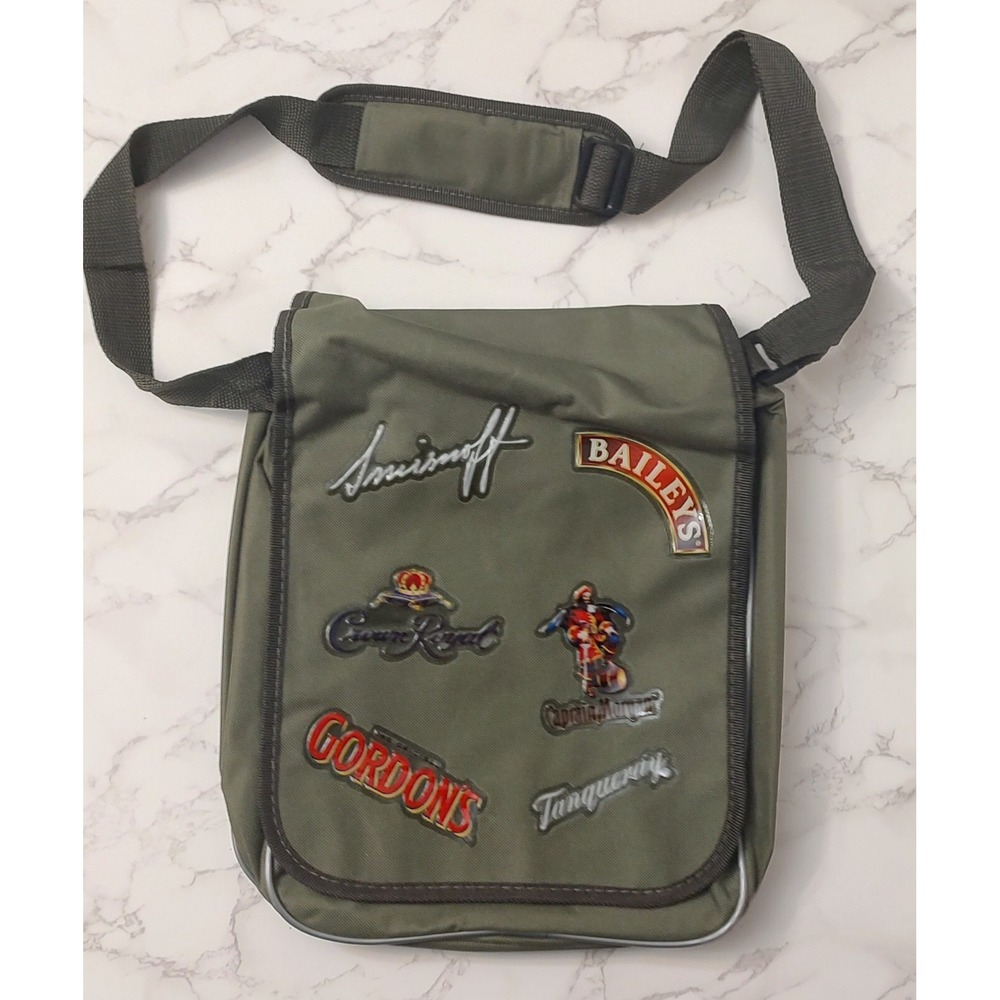 Canvas Messenger Bag Liquor Patches Olive Green  Adjustable Strap Unisex B4